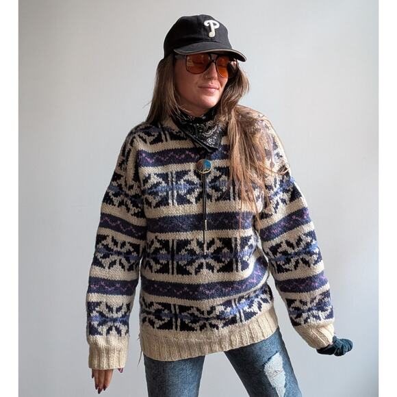 Vintage Wool Chunky Knit Fairisle Sweater Cosby Grandpa Cottagecore Top Medium - Picture 2 of 9